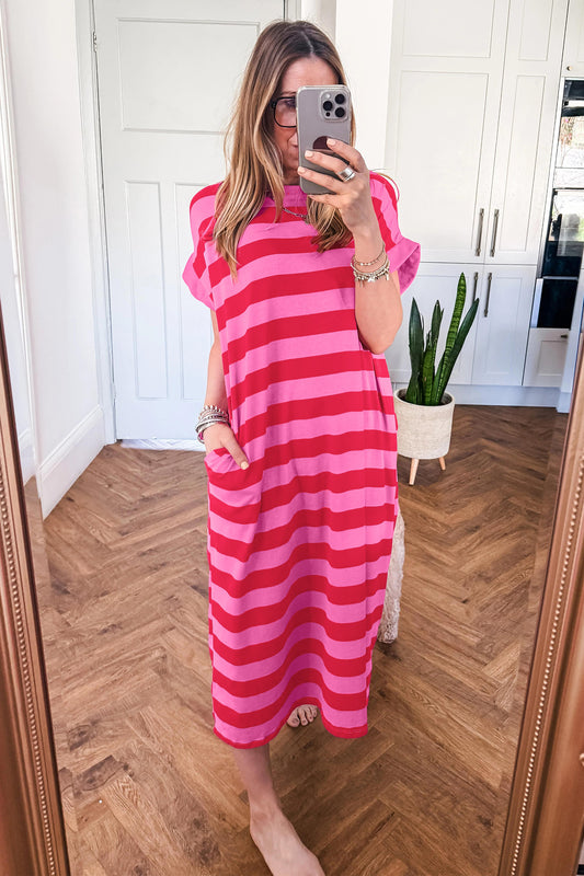 Rose Stripe Cuffed Short Sleeve Pocketed Casual T Shirt Long Dress