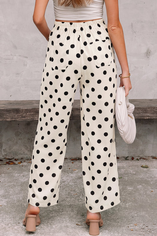 White Polka Dot Print Patched Pocket Mid-rise Straight Leg Pants