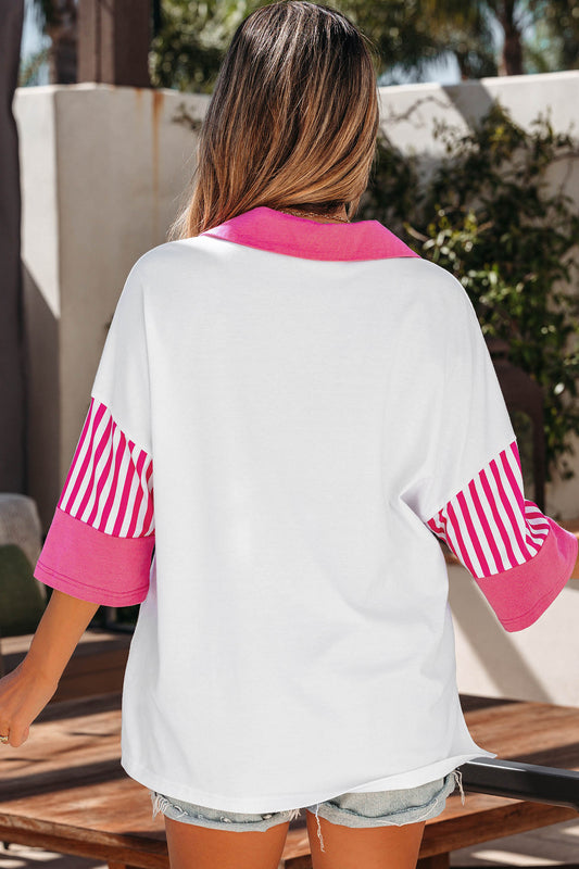 White Sequin Bow Pattern Striped Color Block Collar Half Sleeve Shift Top