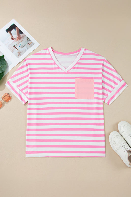 Pink Stripe Colorblock Patched Pocket V Neck Plus Size Tee