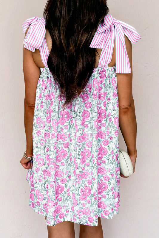 Pink Floral Print Striped Patchwork Bow Knot Straps Mini Dress