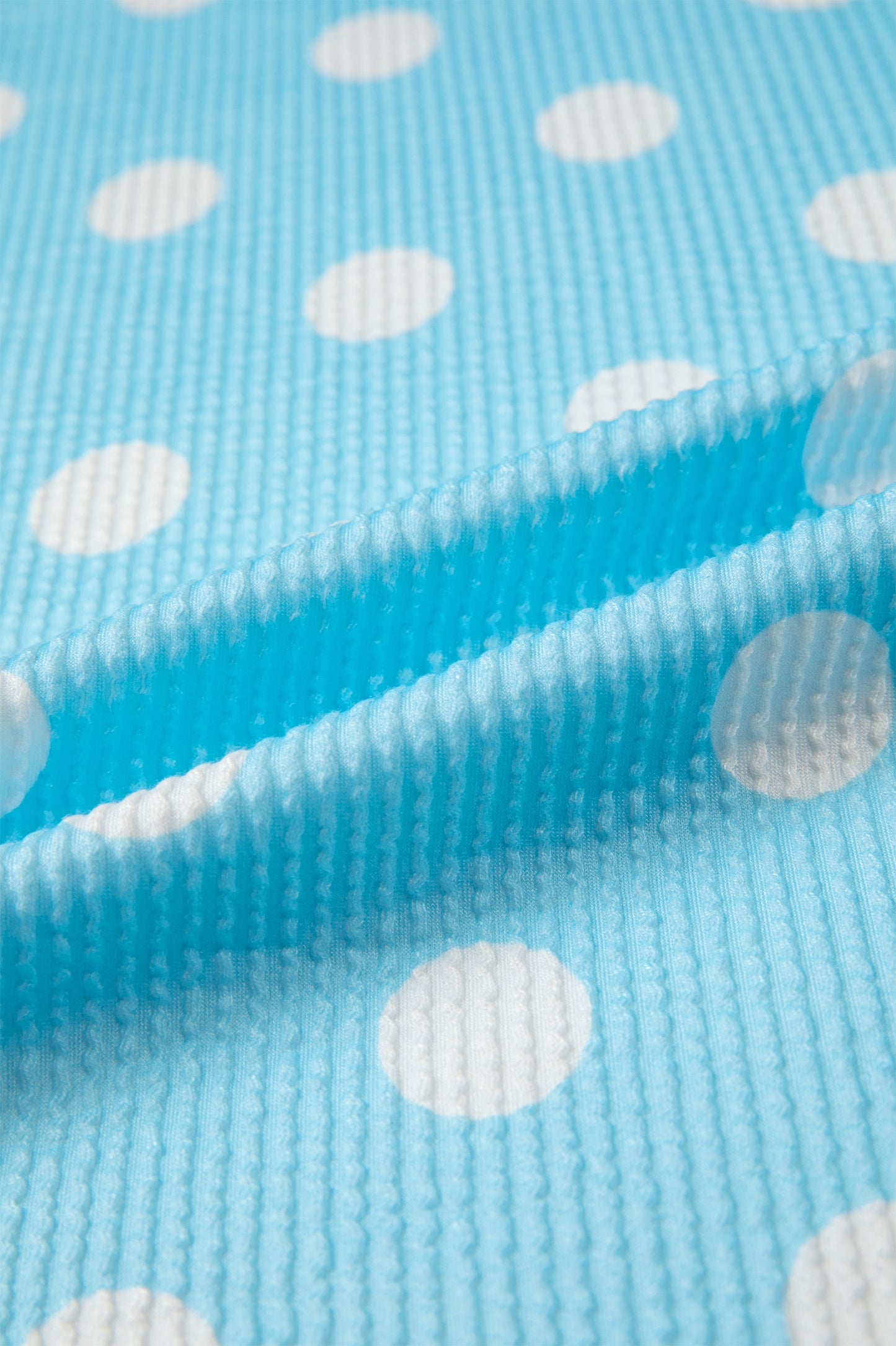 Sky Blue Polka Dot Round Neck Drop Shoulder Patch Pocket Jacquard Texture Top
