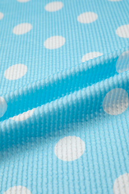 Sky Blue Polka Dot Round Neck Drop Shoulder Patch Pocket Jacquard Texture Top