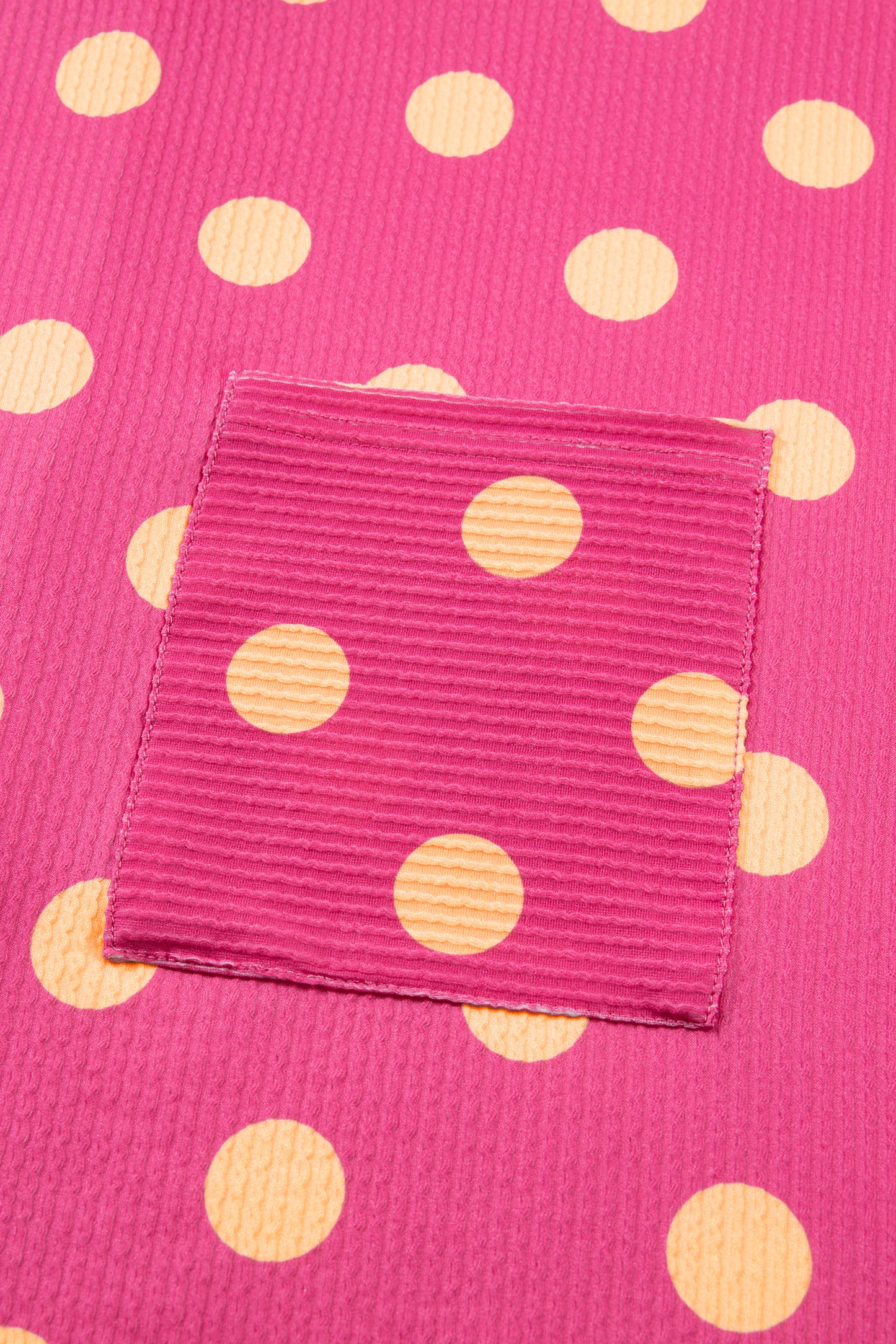 Pink Polka Dot Round Neck Drop Shoulder Patch Pocket Jacquard Texture Top