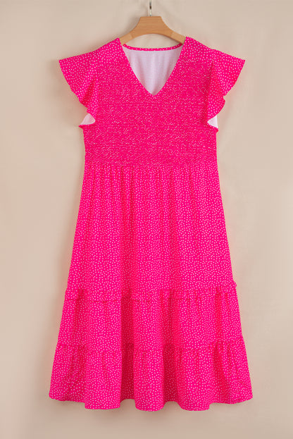 Rose Polka Dot Print Ruffled Smocked High Waist Plus Midi Dress
