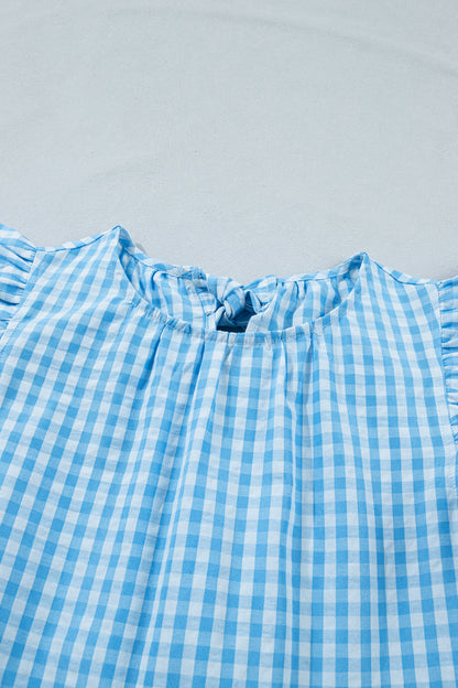Sky Blue Knot Back Ruffled Short Sleeve Gingham Maxi Dress