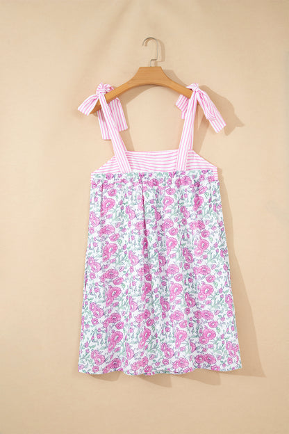 Pink Floral Print Striped Patchwork Bow Knot Straps Mini Dress