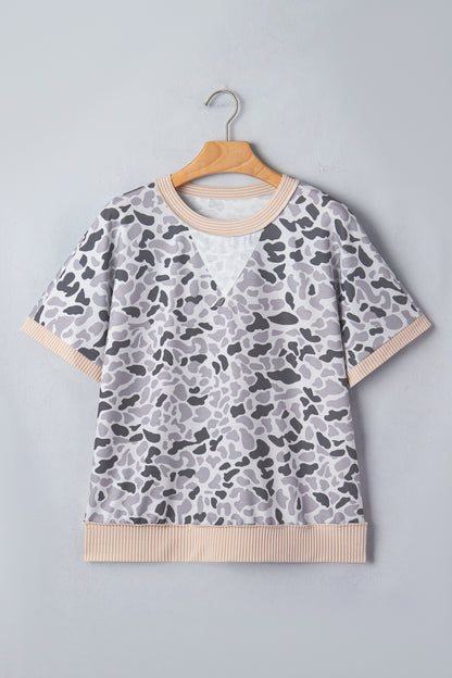 Gray Camouflage Print Twisted Ribbed Patchwork Casual T Shirt
