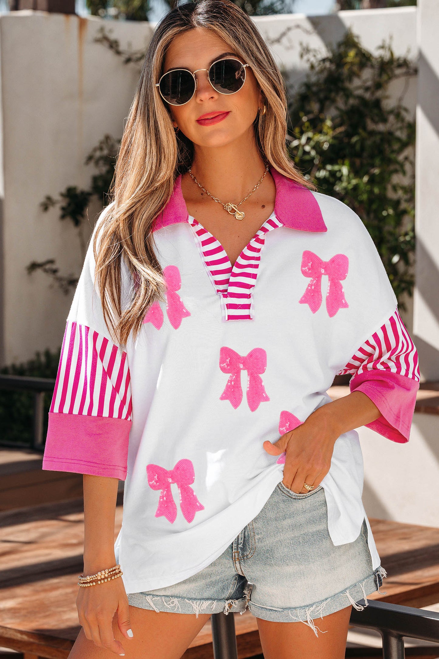 White Sequin Bow Pattern Striped Color Block Collar Half Sleeve Shift Top