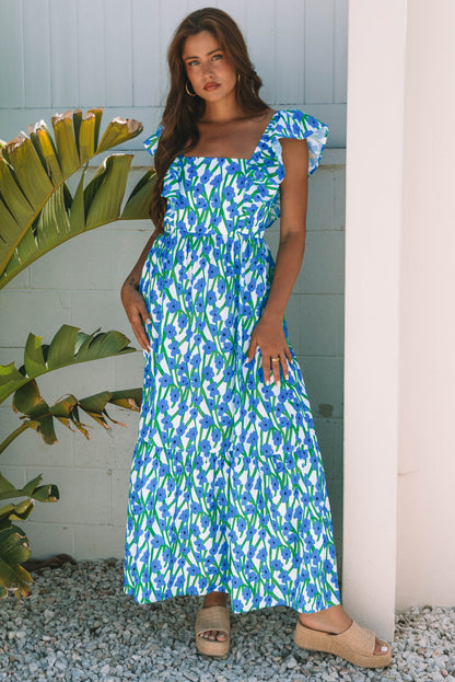 Pink Floral Print Square Neck Ruffled Strap Maxi Dress