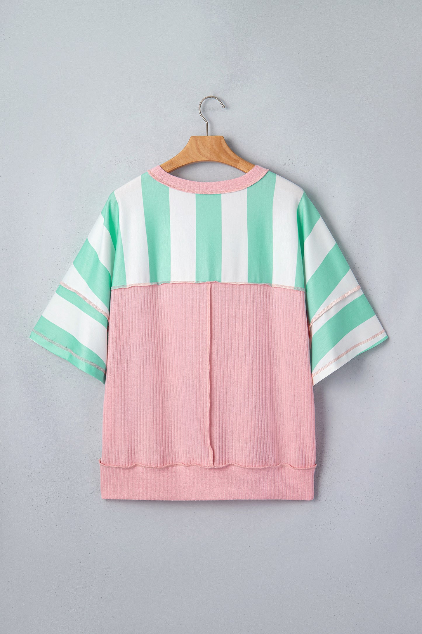 Green Stripe Exposed Seam Ribbed Patchwork Oversized Tee