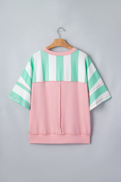 Green Stripe Exposed Seam Ribbed Patchwork Oversized Tee