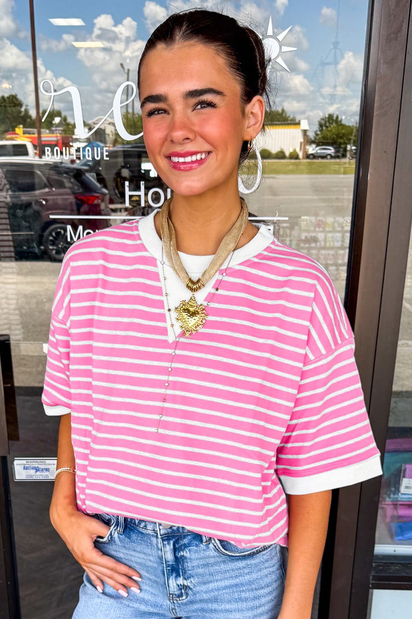 Pink Stripe Round Neck Drop Shoulder Short Sleeve Loose Top