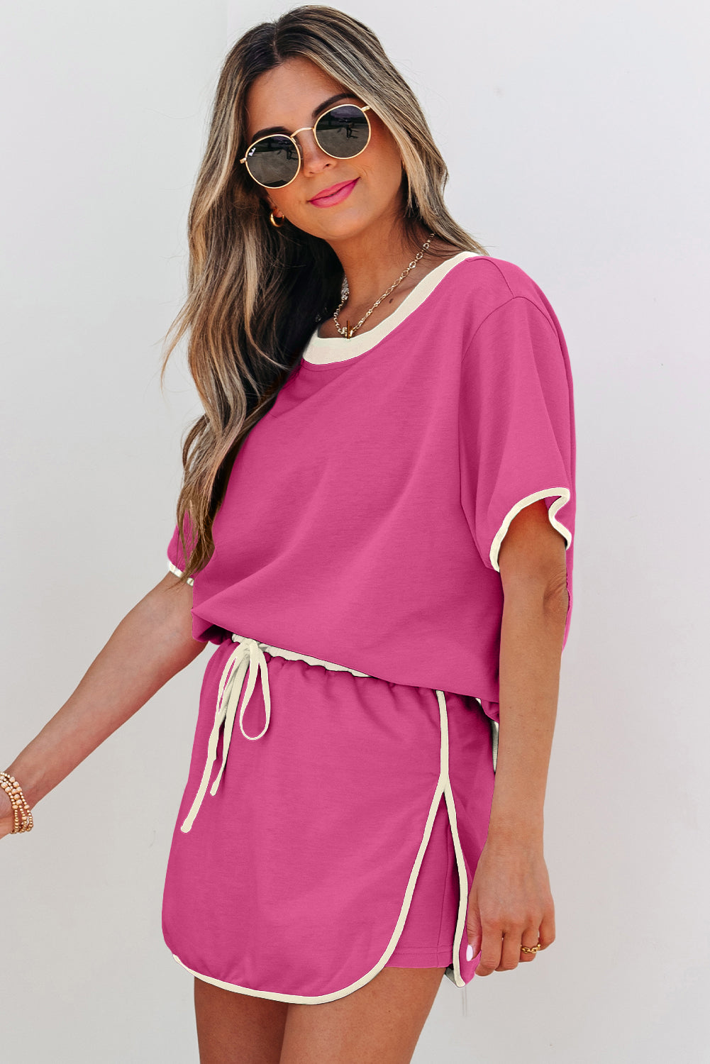 Rose Red Colorblock Edge Drop Shoulder T Shirt and Skort 2Pcs Set