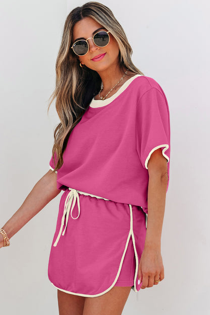 Rose Red Colorblock Edge Drop Shoulder T Shirt and Skort 2Pcs Set