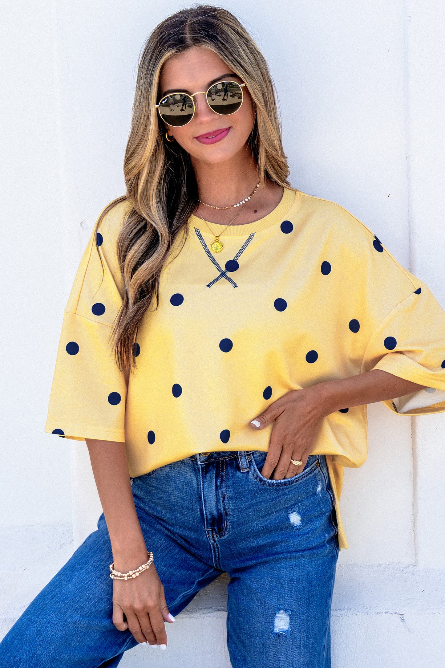 Beige Polka Dot Print Crossed Seam Detail Oversize Tee