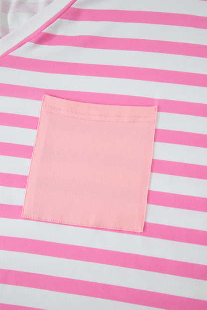 Pink Stripe Colorblock Patched Pocket V Neck Plus Size Tee