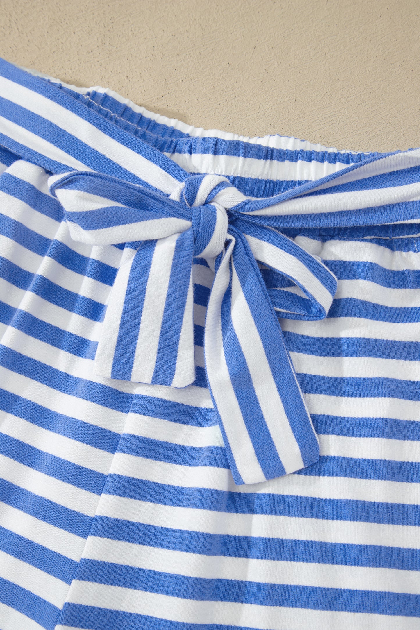 Sky Blue Stripe Contrast Trim Crew Neck Tee Knot Shorts 2pcs Set