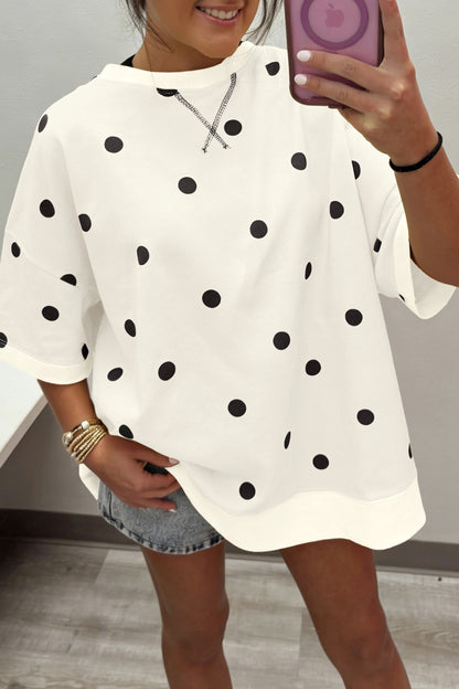 Beige Polka Dot Print Crossed Seam Detail Oversize Tee
