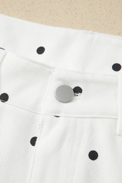 White Polka Dot Print Embroidered Scallop Hem Shorts