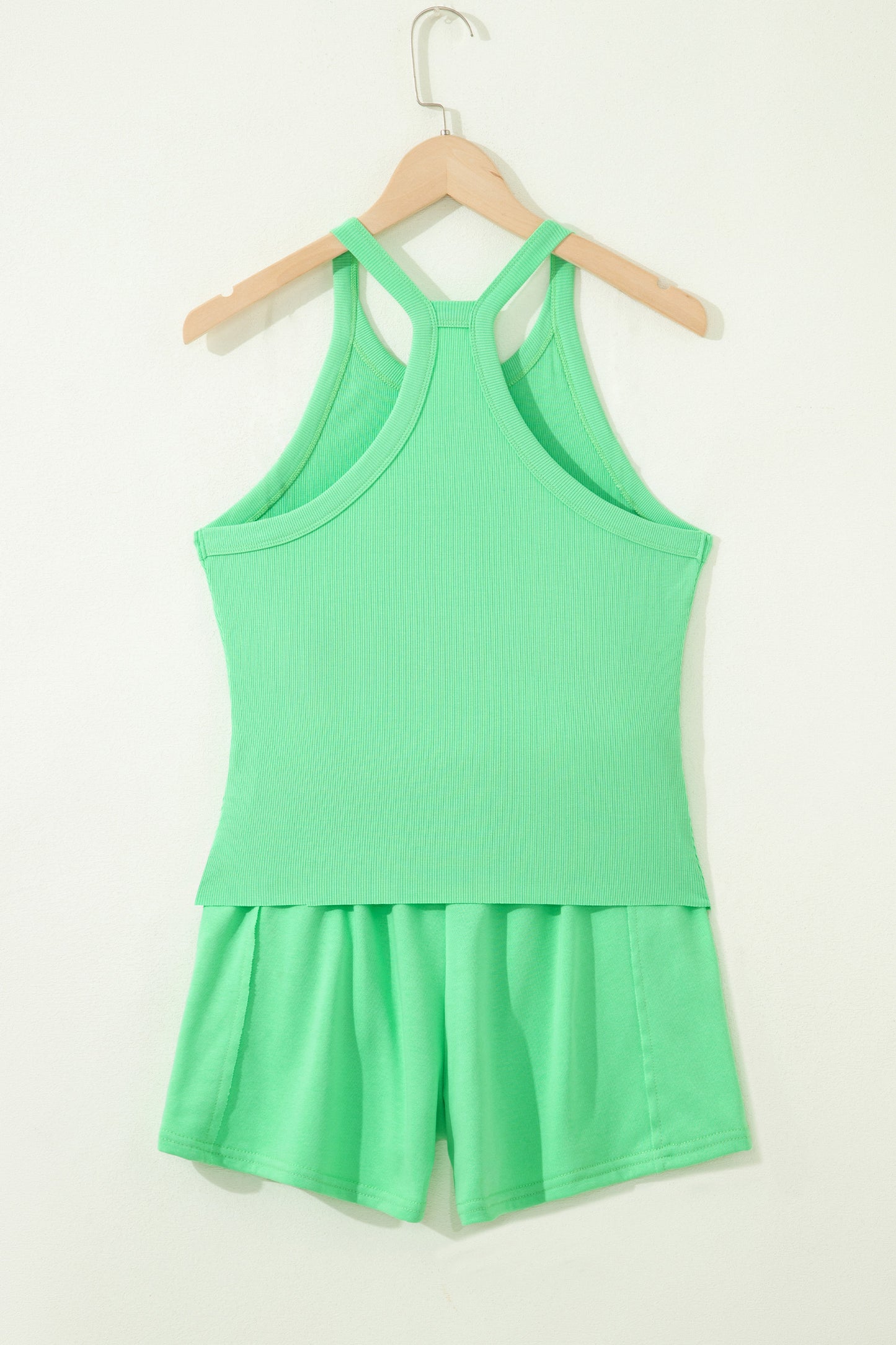 Green Slim Tank Top Elastic High Waist Shorts 2pcs Outfit