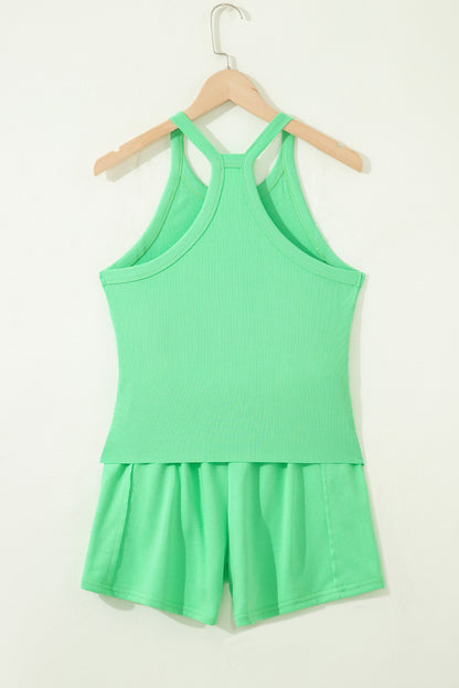Green Slim Tank Top Elastic High Waist Shorts 2pcs Outfit