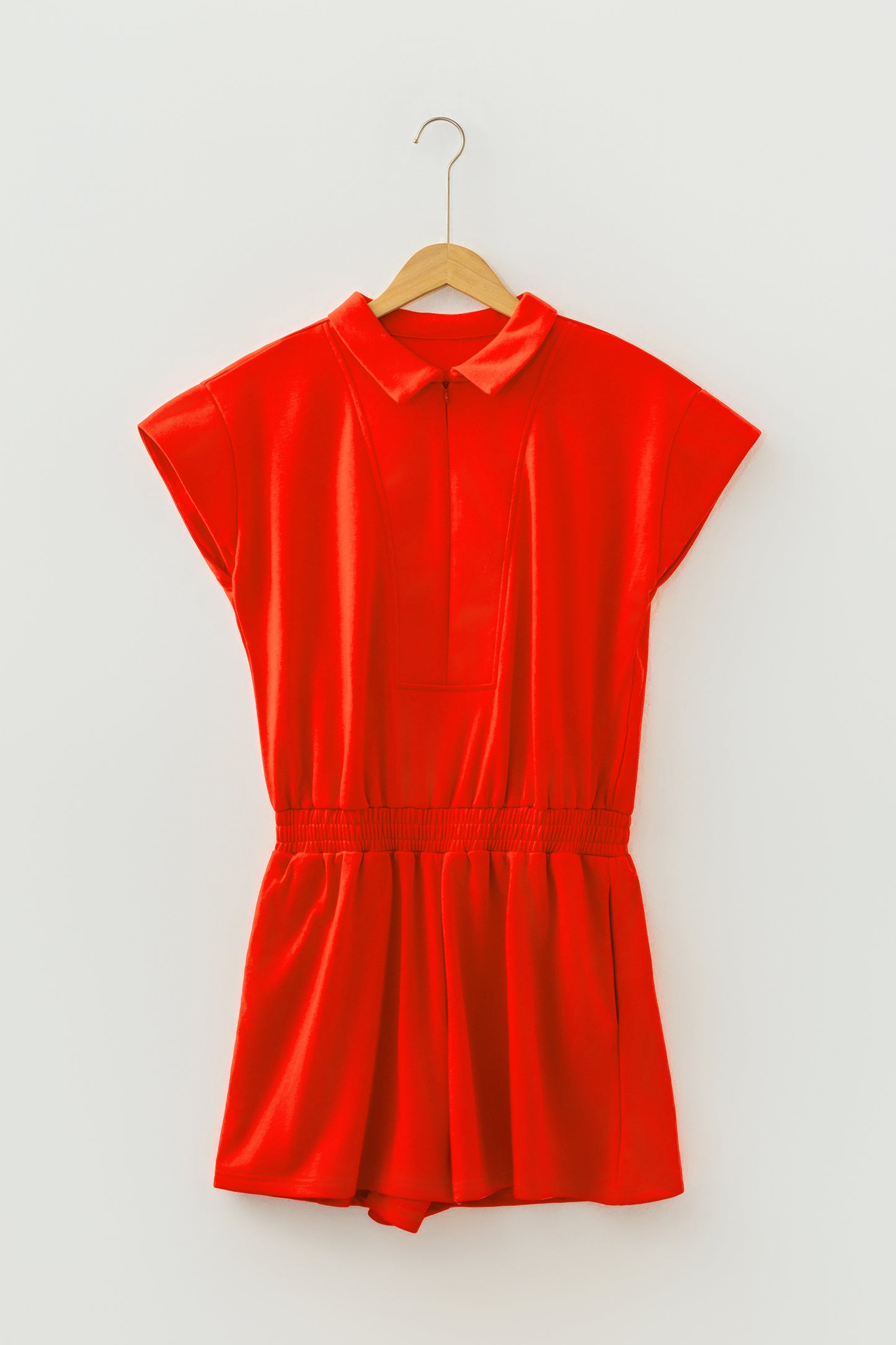 Tomato Red Half Zip Polo Tee Elastic Waist Romper