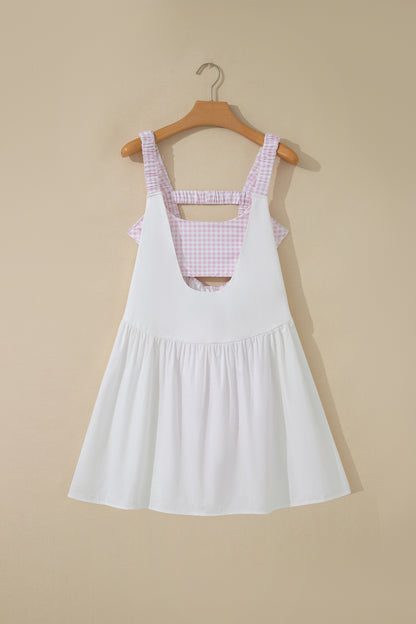 Yellow Cream Faux Two Piece Gingham Contrast Patchwork Loose Mini Dress