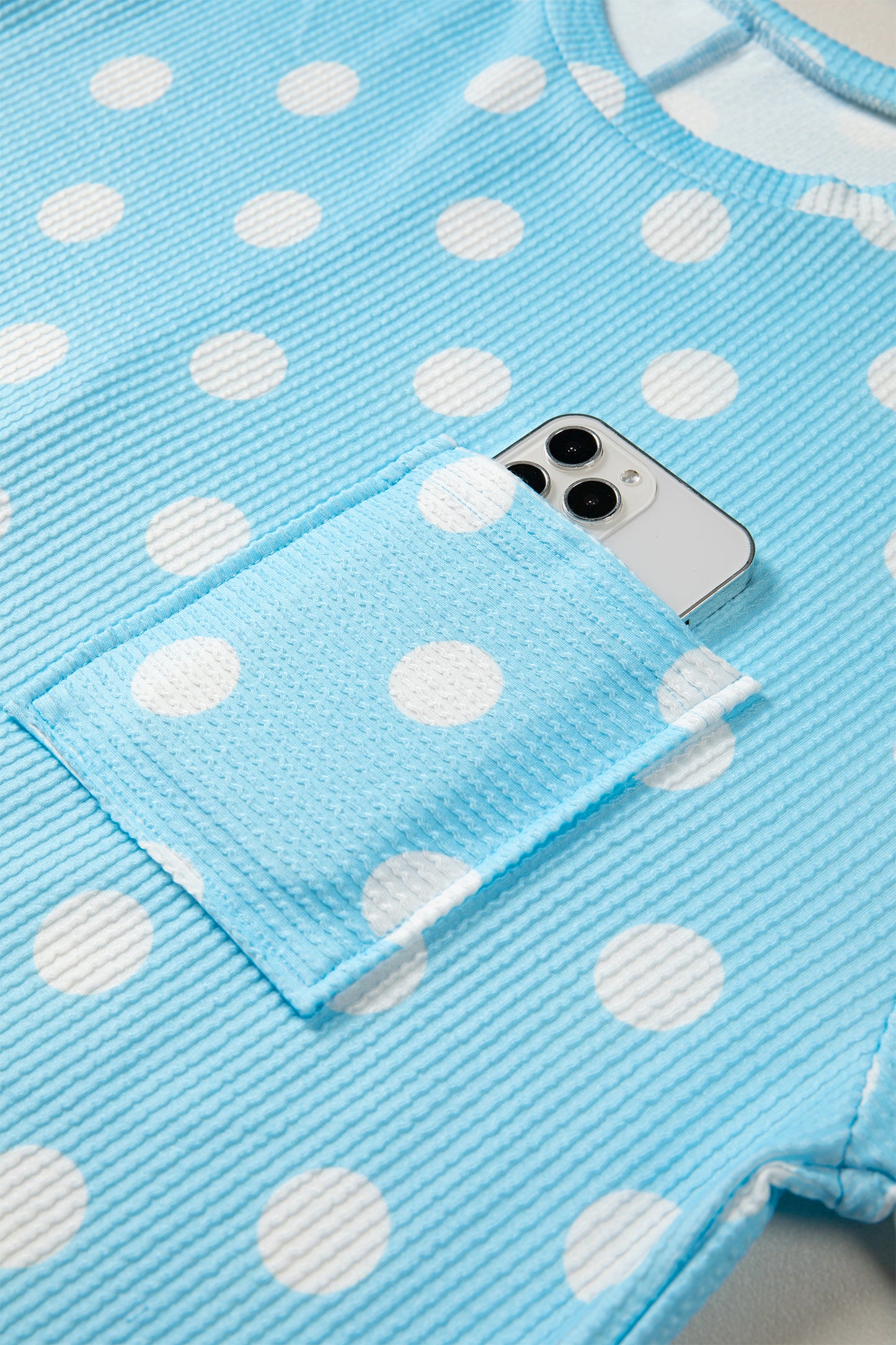 Sky Blue Polka Dot Round Neck Drop Shoulder Patch Pocket Jacquard Texture Top