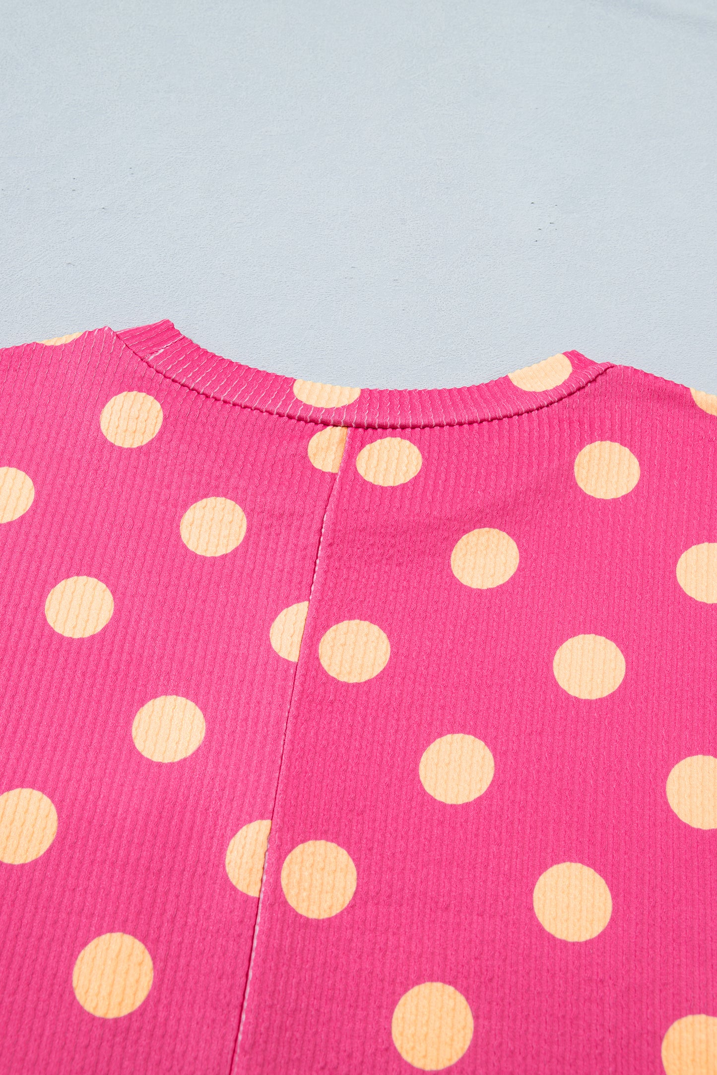 Pink Polka Dot Round Neck Drop Shoulder Patch Pocket Jacquard Texture Top