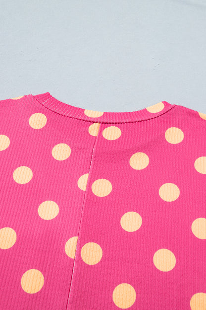 Pink Polka Dot Round Neck Drop Shoulder Patch Pocket Jacquard Texture Top