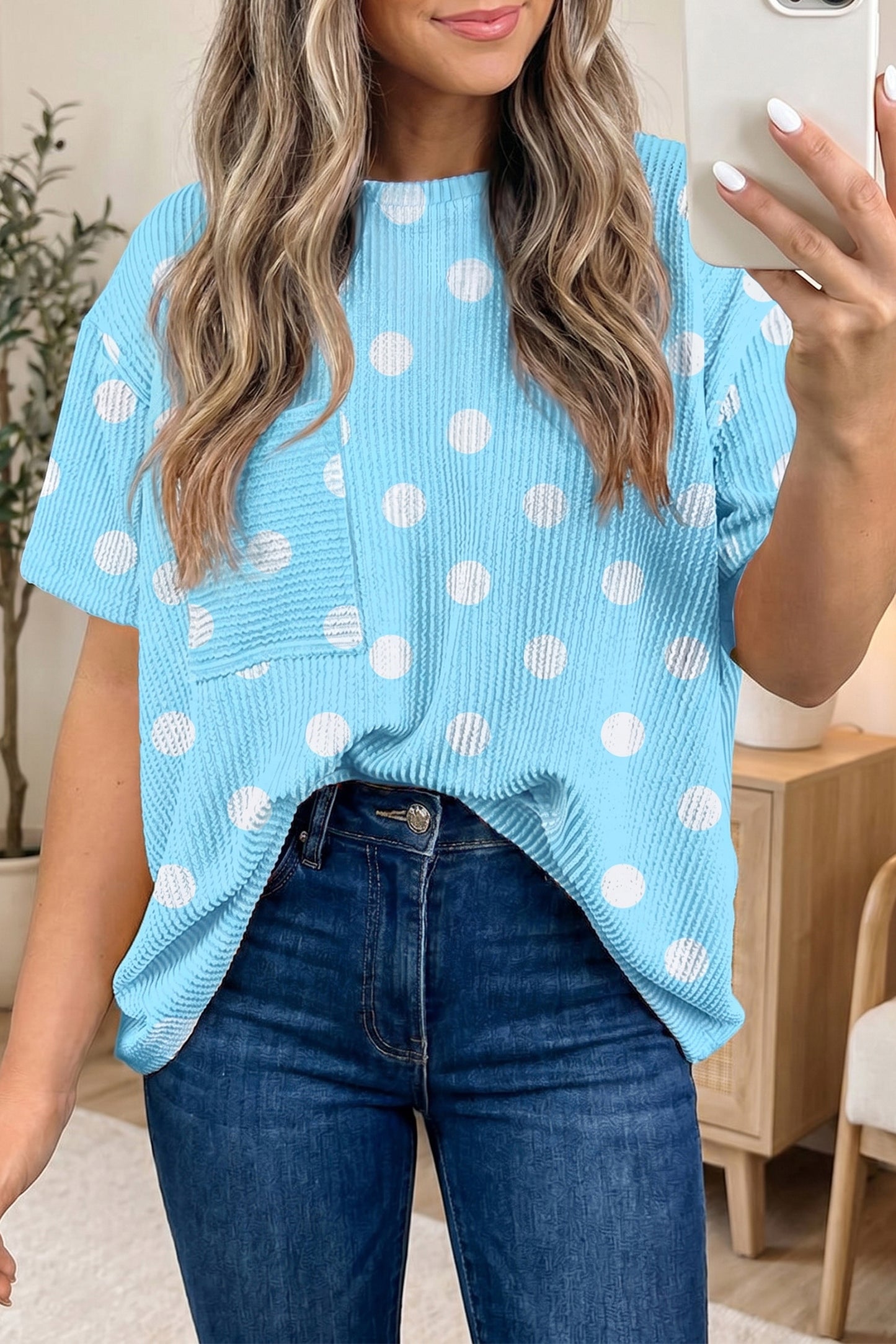 Sky Blue Polka Dot Round Neck Drop Shoulder Patch Pocket Jacquard Texture Top
