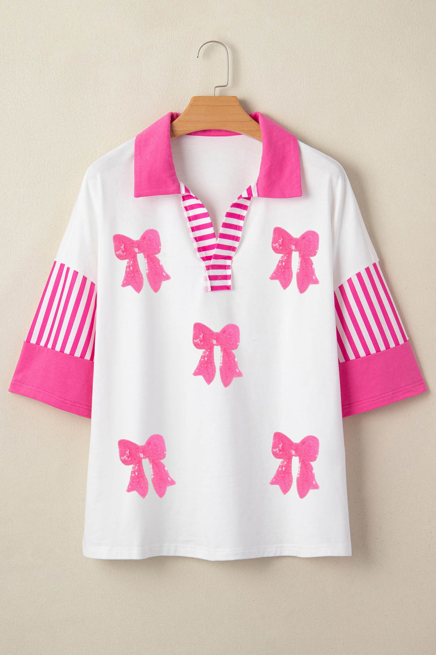 White Sequin Bow Pattern Striped Color Block Collar Half Sleeve Shift Top