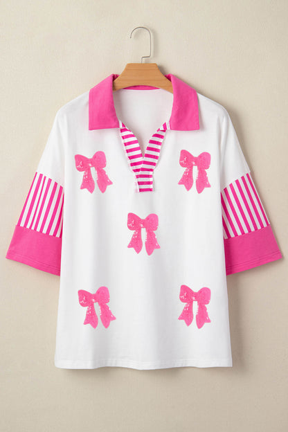 White Sequin Bow Pattern Striped Color Block Collar Half Sleeve Shift Top