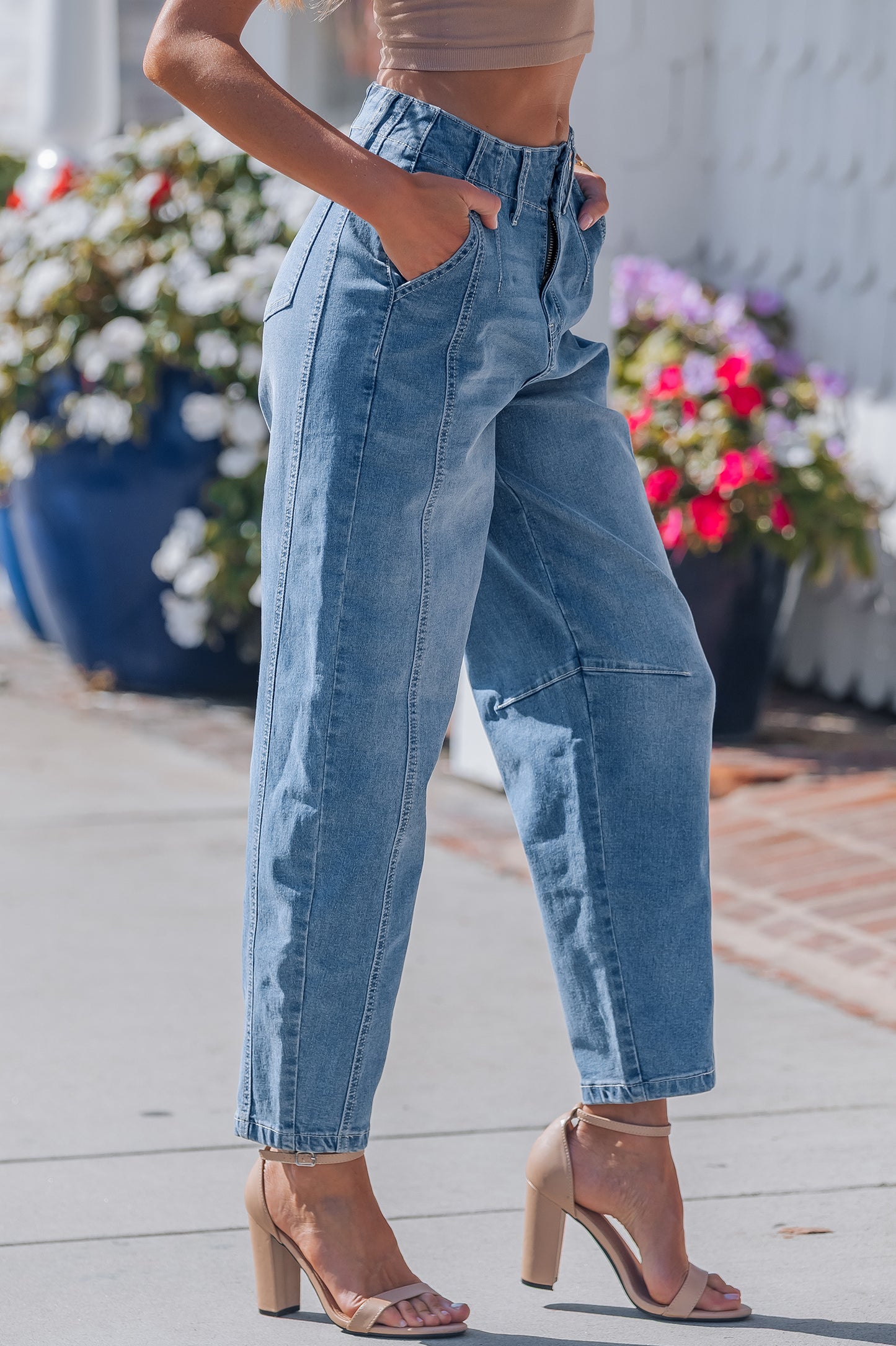 Sky Blue Medium Wash Cuffed Barrel Jeans