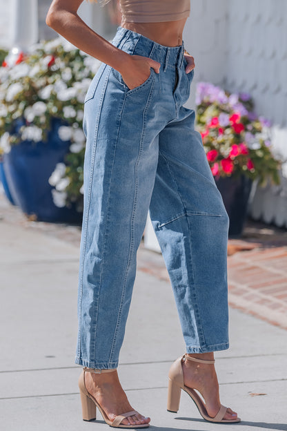 Sky Blue Medium Wash Cuffed Barrel Jeans