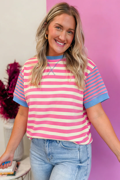 Pink Stripe Contrast Patchwork Short Sleeve Loose Tee