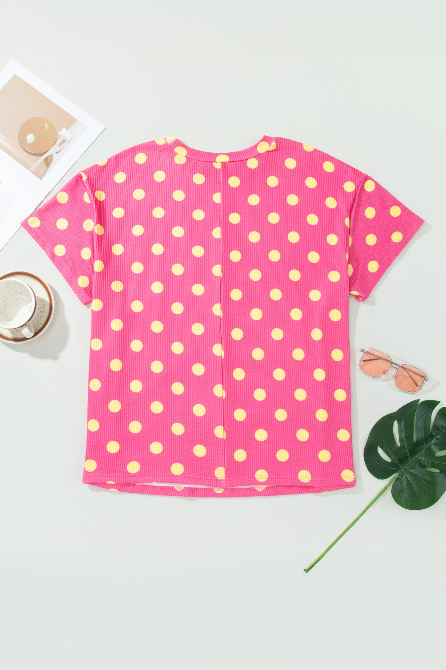 Pink Twisted Rib Polka Dot Print Plus Size T Shirt