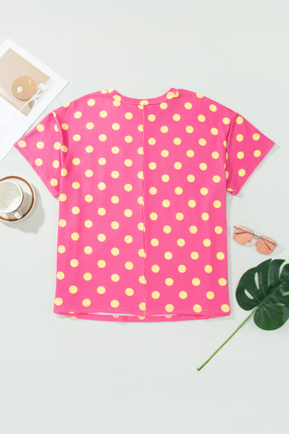 Pink Twisted Rib Polka Dot Print Plus Size T Shirt