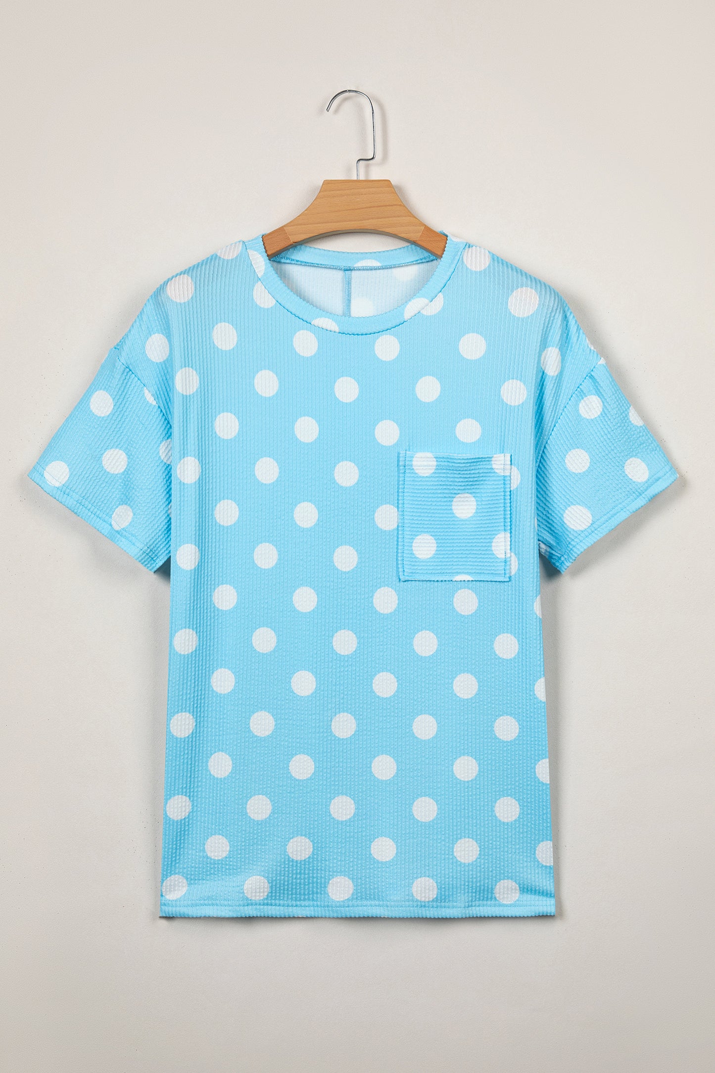 Sky Blue Polka Dot Round Neck Drop Shoulder Patch Pocket Jacquard Texture Top