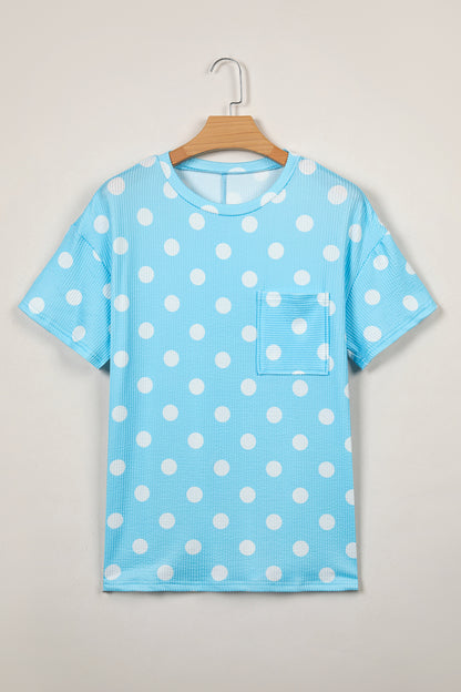 Sky Blue Polka Dot Round Neck Drop Shoulder Patch Pocket Jacquard Texture Top