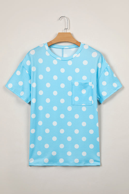 Sky Blue Polka Dot Round Neck Drop Shoulder Patch Pocket Jacquard Texture Top