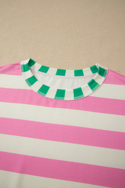 Pink Stripe Exposed Seam Contrast Patchwork Oversized Top