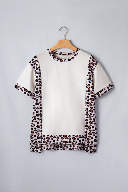 White Ribbed Leopard Patchwork Uneven Hem T Shirt