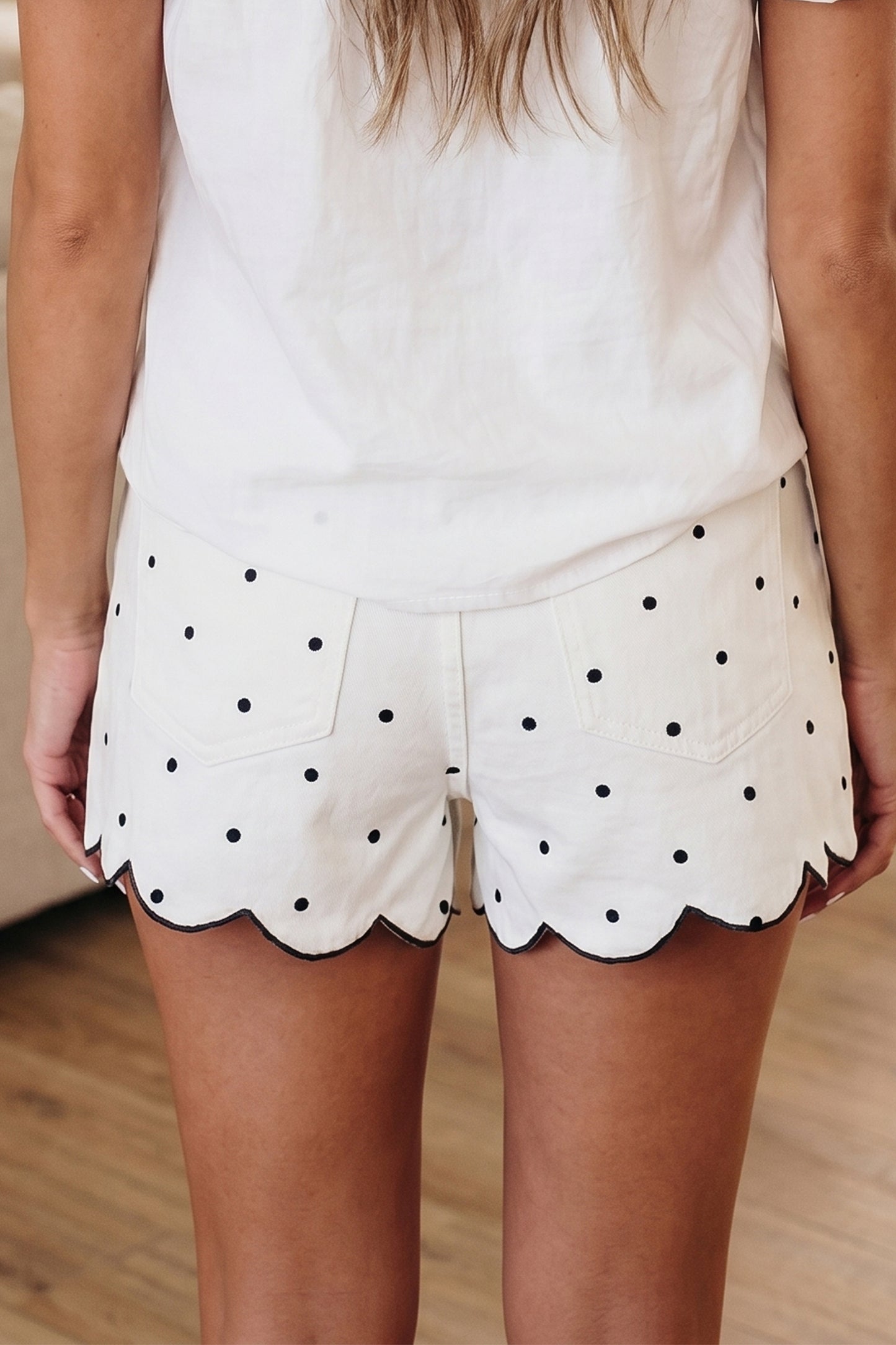 White Polka Dot Print Embroidered Scallop Hem Shorts