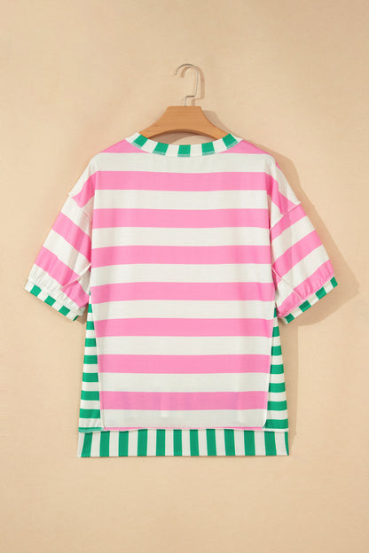 Pink Stripe Exposed Seam Contrast Patchwork Oversized Top