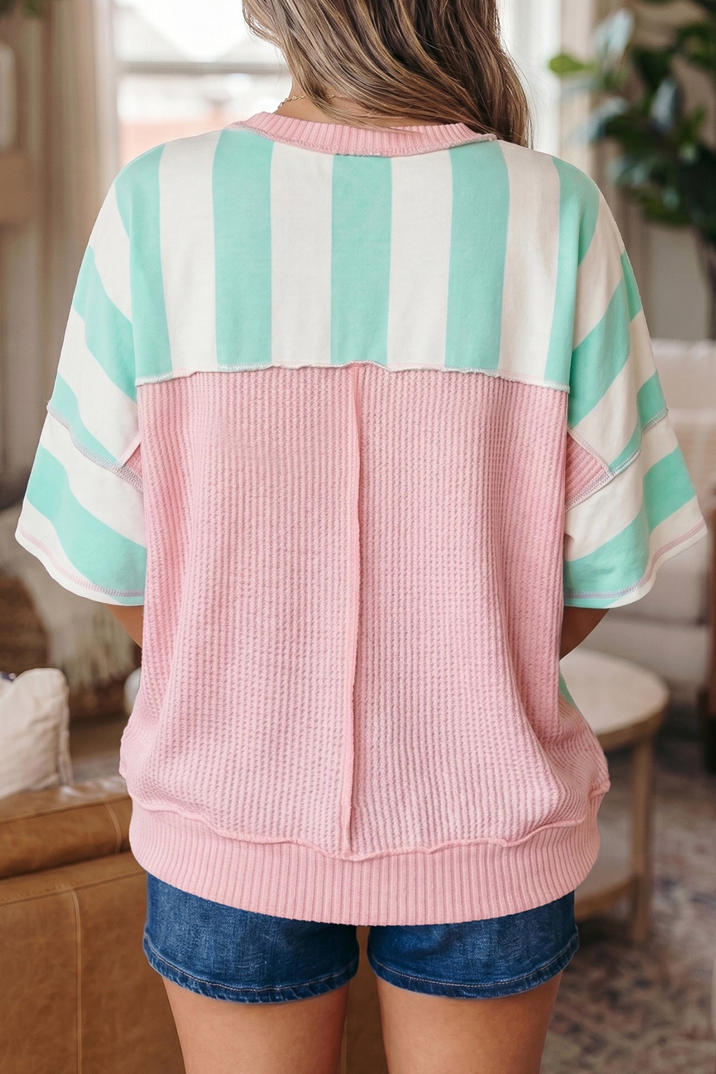 Green Stripe Exposed Seam Ribbed Patchwork Oversized Tee