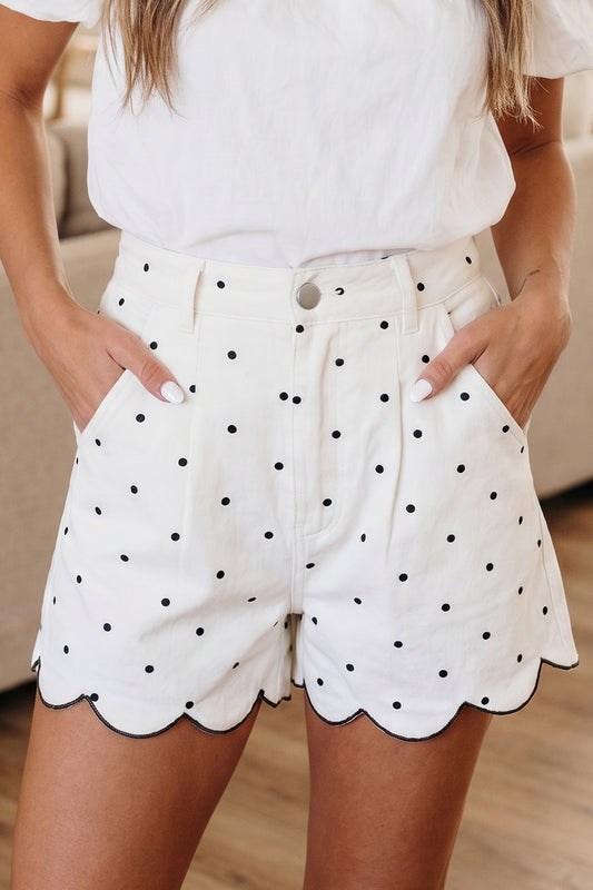 White Polka Dot Print Embroidered Scallop Hem Shorts