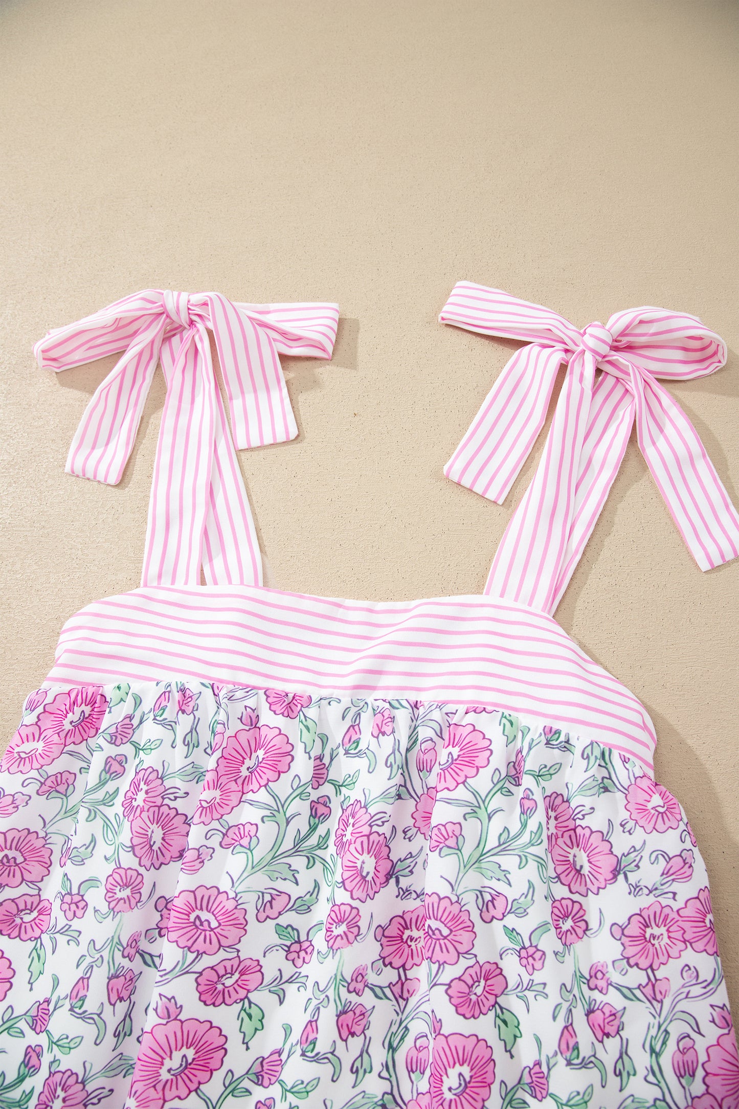 Pink Floral Print Striped Patchwork Bow Knot Straps Mini Dress