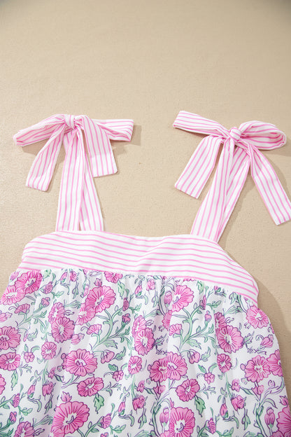 Pink Floral Print Striped Patchwork Bow Knot Straps Mini Dress